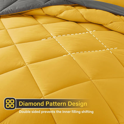 Bed in a Bag Queen Reversible Comforter Sets 7pcs All Season Down Alternative Bedding Sets Yellow and Grey with Comforter, Pillow Shams, Flat Sheet, Fitted Sheet and Pillowcase