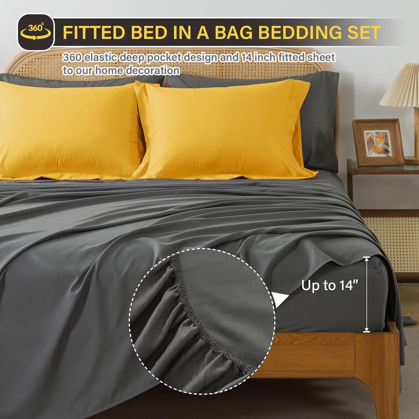 Bed in a Bag Queen Reversible Comforter Sets 7pcs All Season Down Alternative Bedding Sets Yellow and Grey with Comforter, Pillow Shams, Flat Sheet, Fitted Sheet and Pillowcase