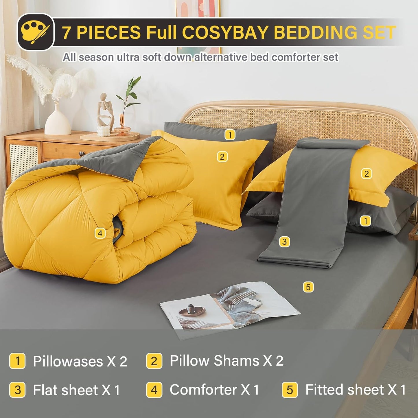 Bed in a Bag Queen Reversible Comforter Sets 7pcs All Season Down Alternative Bedding Sets Yellow and Grey with Comforter, Pillow Shams, Flat Sheet, Fitted Sheet and Pillowcase