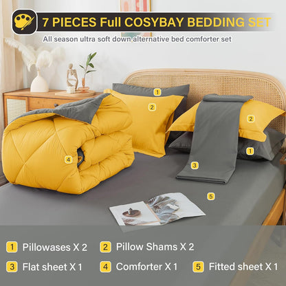 Bed in a Bag Queen Reversible Comforter Sets 7pcs All Season Down Alternative Bedding Sets Yellow and Grey with Comforter, Pillow Shams, Flat Sheet, Fitted Sheet and Pillowcase