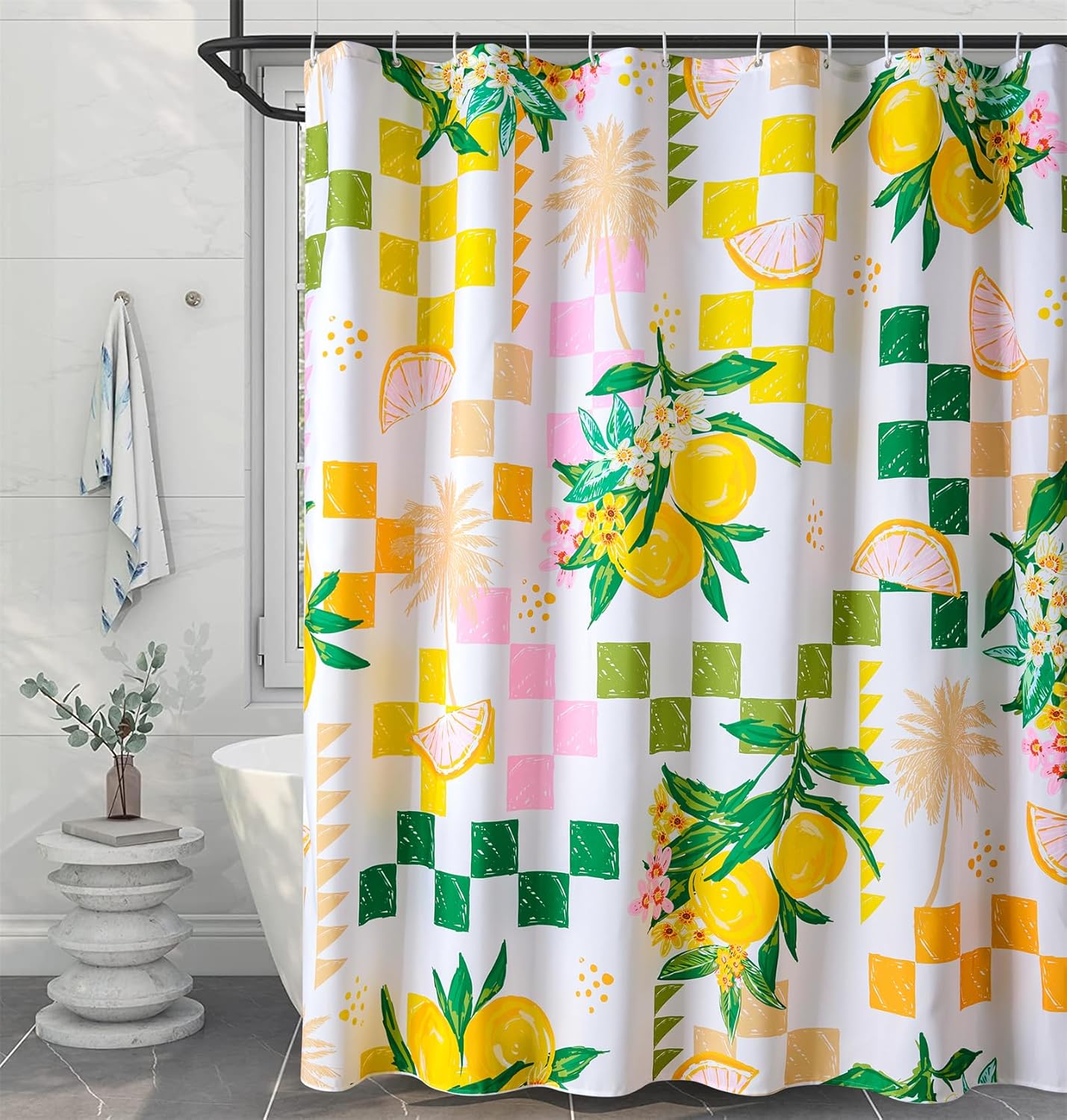Cute Lemon Fruit Fabric Shower Curtain Summer Aesthetic Summer Beach Themed Bathroom Decoration, Yellow and Green Checkerboard Cute Floral Botanical Coastal Shower Curtains Set with Hooks