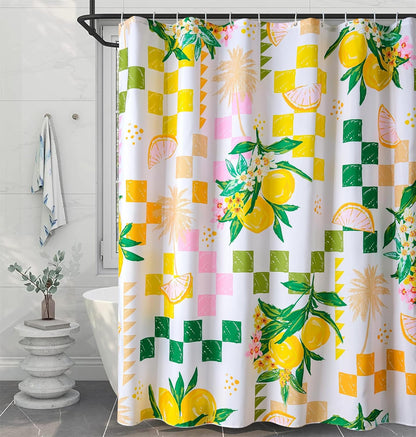 Cute Lemon Fruit Fabric Shower Curtain Summer Aesthetic Summer Beach Themed Bathroom Decoration, Yellow and Green Checkerboard Cute Floral Botanical Coastal Shower Curtains Set with Hooks