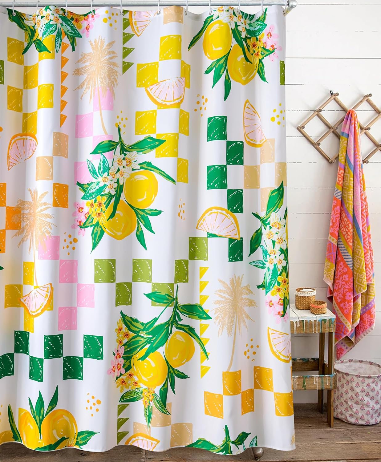 Cute Lemon Fruit Fabric Shower Curtain Summer Aesthetic Summer Beach Themed Bathroom Decoration, Yellow and Green Checkerboard Cute Floral Botanical Coastal Shower Curtains Set with Hooks