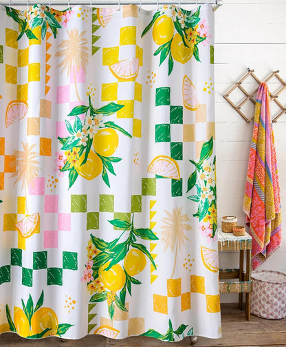 Cute Lemon Fruit Fabric Shower Curtain Summer Aesthetic Summer Beach Themed Bathroom Decoration, Yellow and Green Checkerboard Cute Floral Botanical Coastal Shower Curtains Set with Hooks