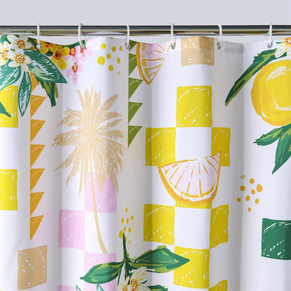 Cute Lemon Fruit Fabric Shower Curtain Summer Aesthetic Summer Beach Themed Bathroom Decoration, Yellow and Green Checkerboard Cute Floral Botanical Coastal Shower Curtains Set with Hooks