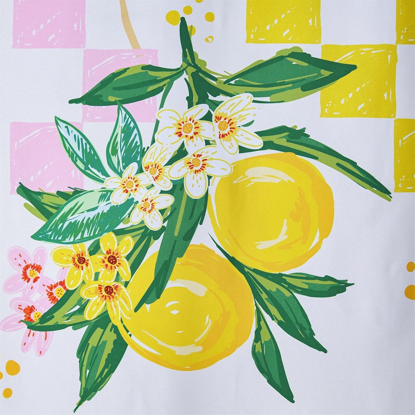 Cute Lemon Fruit Fabric Shower Curtain Summer Aesthetic Summer Beach Themed Bathroom Decoration, Yellow and Green Checkerboard Cute Floral Botanical Coastal Shower Curtains Set with Hooks