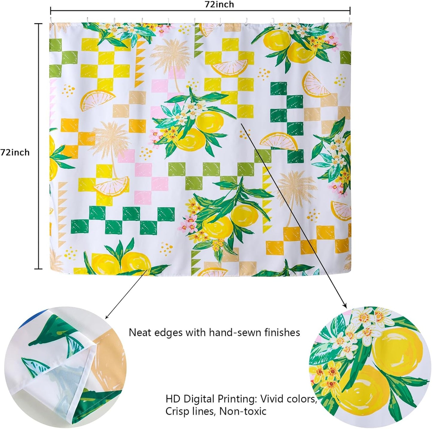 Cute Lemon Fruit Fabric Shower Curtain Summer Aesthetic Summer Beach Themed Bathroom Decoration, Yellow and Green Checkerboard Cute Floral Botanical Coastal Shower Curtains Set with Hooks