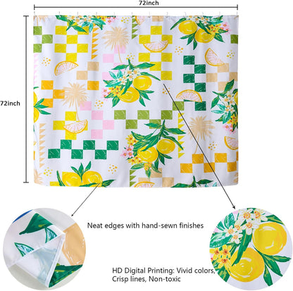 Cute Lemon Fruit Fabric Shower Curtain Summer Aesthetic Summer Beach Themed Bathroom Decoration, Yellow and Green Checkerboard Cute Floral Botanical Coastal Shower Curtains Set with Hooks