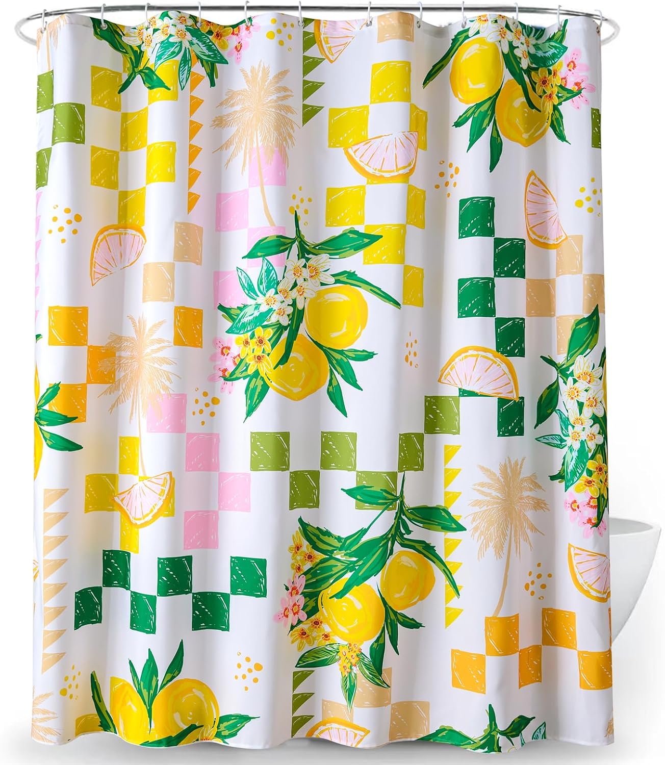 Cute Lemon Fruit Fabric Shower Curtain Summer Aesthetic Summer Beach Themed Bathroom Decoration, Yellow and Green Checkerboard Cute Floral Botanical Coastal Shower Curtains Set with Hooks