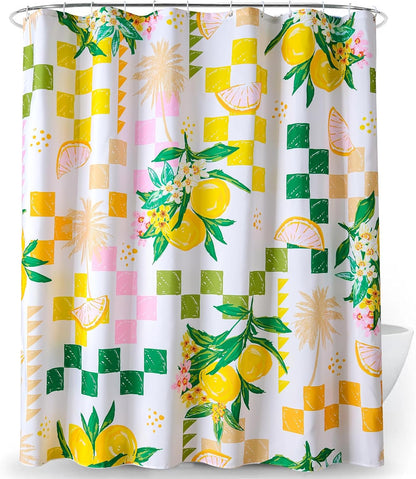 Cute Lemon Fruit Fabric Shower Curtain Summer Aesthetic Summer Beach Themed Bathroom Decoration, Yellow and Green Checkerboard Cute Floral Botanical Coastal Shower Curtains Set with Hooks