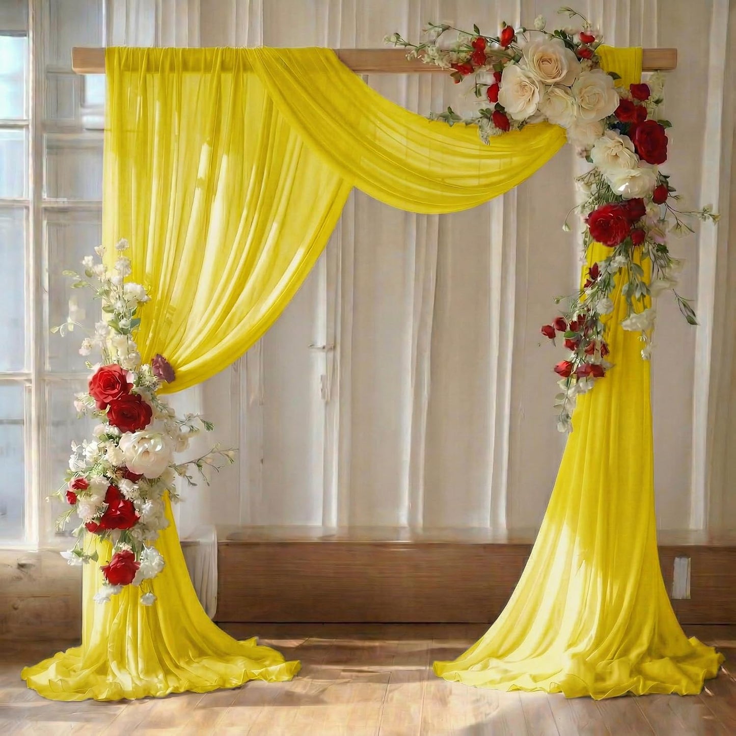 ® Pack of 2 Wedding Arch Drape Panel (30" Width x 20ft Long) Sheer Chiffon Arbor Canopy Drapery Fabric for Wedding Ceremony Reception Decoration Party Ceiling Backdrop Curtain Swag - Yellow