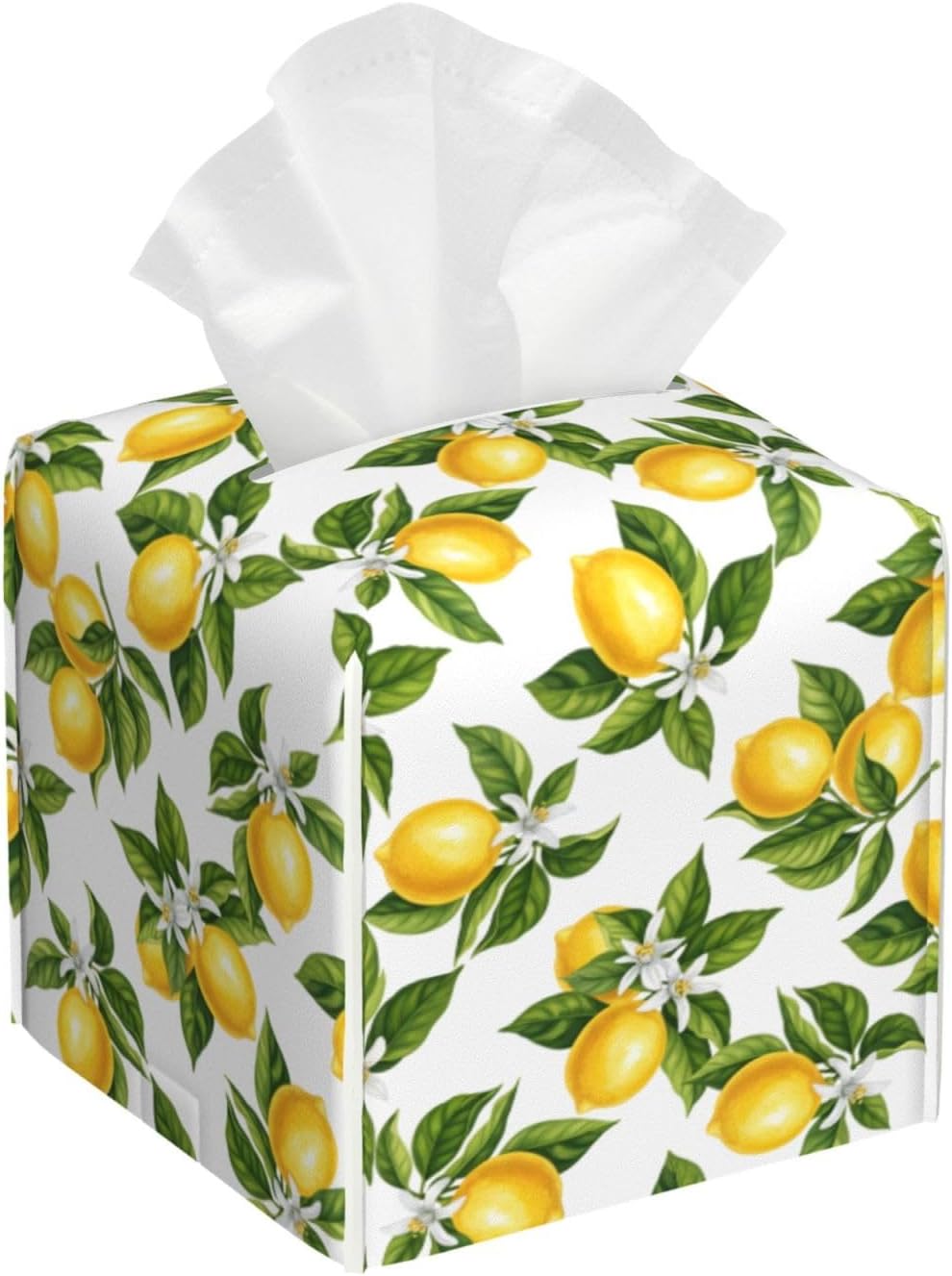 Lemon Tissue Box Cover Green Leaf 5.2" Square Leather Tissue Box Graphic Facial Paper Holder for Car Livingroom Office Decor