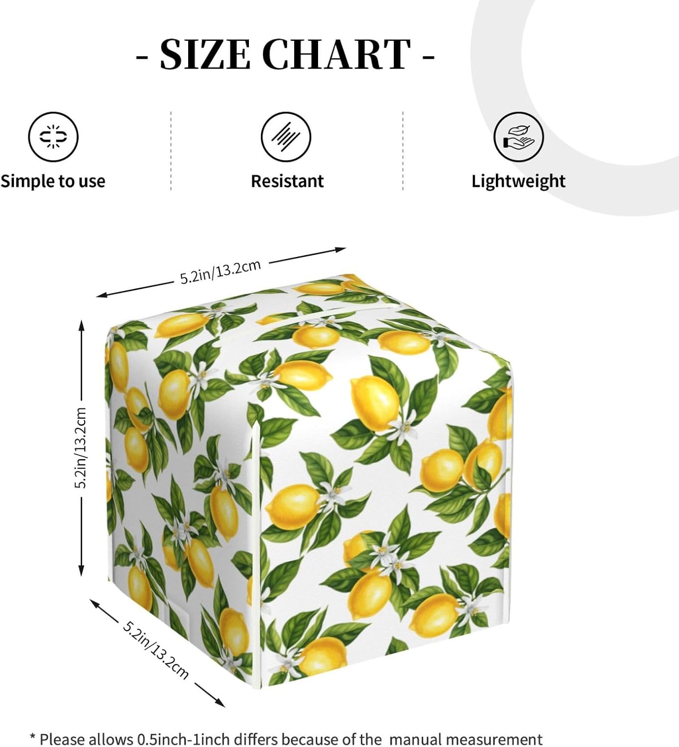 Lemon Tissue Box Cover Green Leaf 5.2" Square Leather Tissue Box Graphic Facial Paper Holder for Car Livingroom Office Decor