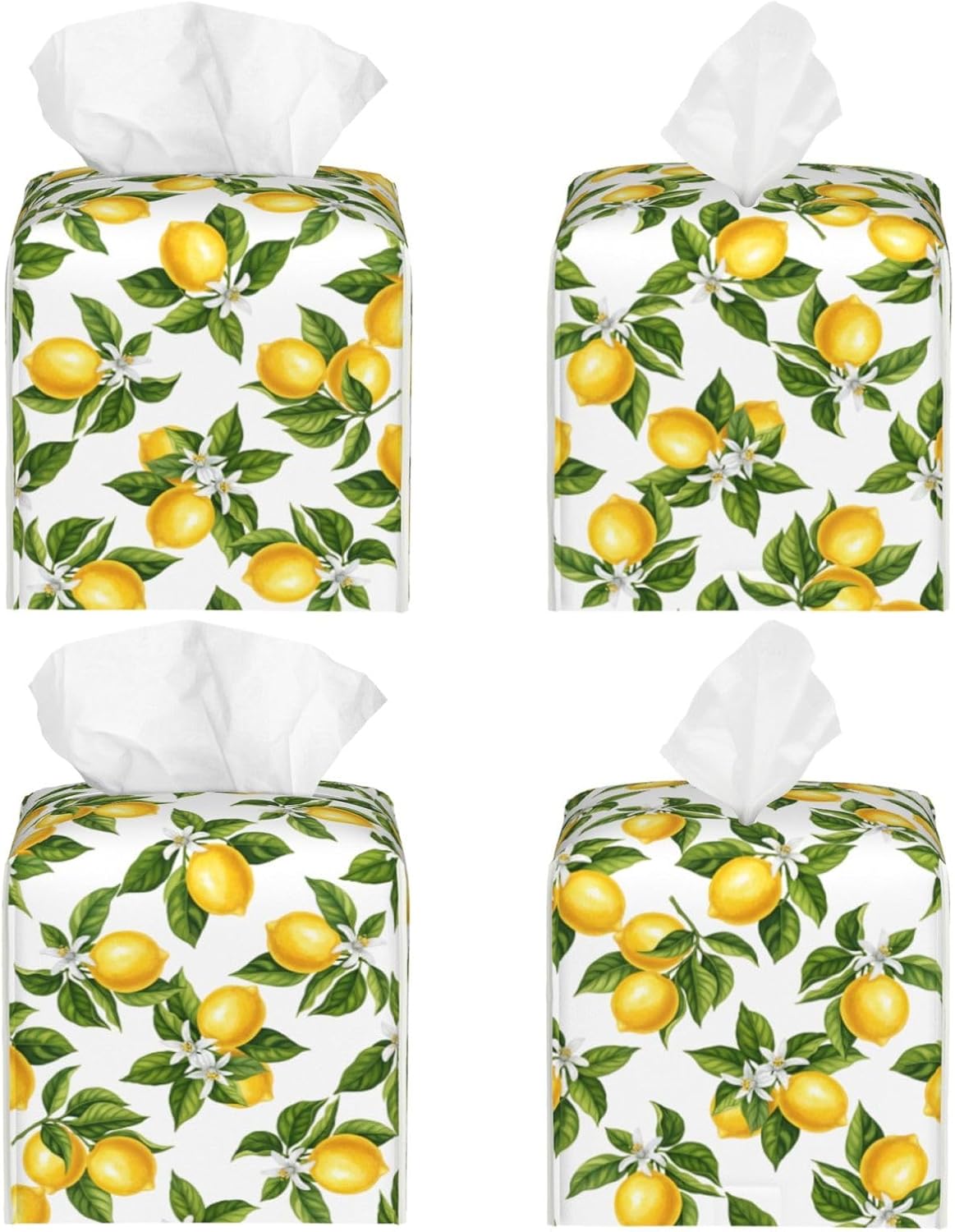 Lemon Tissue Box Cover Green Leaf 5.2" Square Leather Tissue Box Graphic Facial Paper Holder for Car Livingroom Office Decor