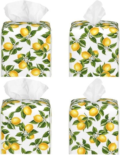 Lemon Tissue Box Cover Green Leaf 5.2" Square Leather Tissue Box Graphic Facial Paper Holder for Car Livingroom Office Decor