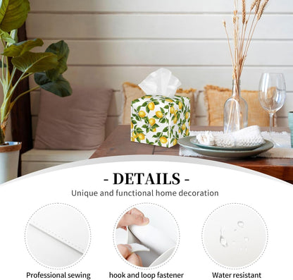 Lemon Tissue Box Cover Green Leaf 5.2" Square Leather Tissue Box Graphic Facial Paper Holder for Car Livingroom Office Decor