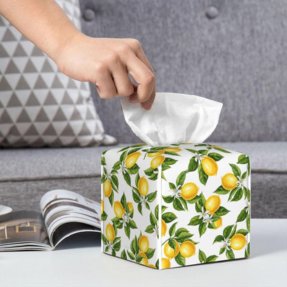 Lemon Tissue Box Cover Green Leaf 5.2" Square Leather Tissue Box Graphic Facial Paper Holder for Car Livingroom Office Decor
