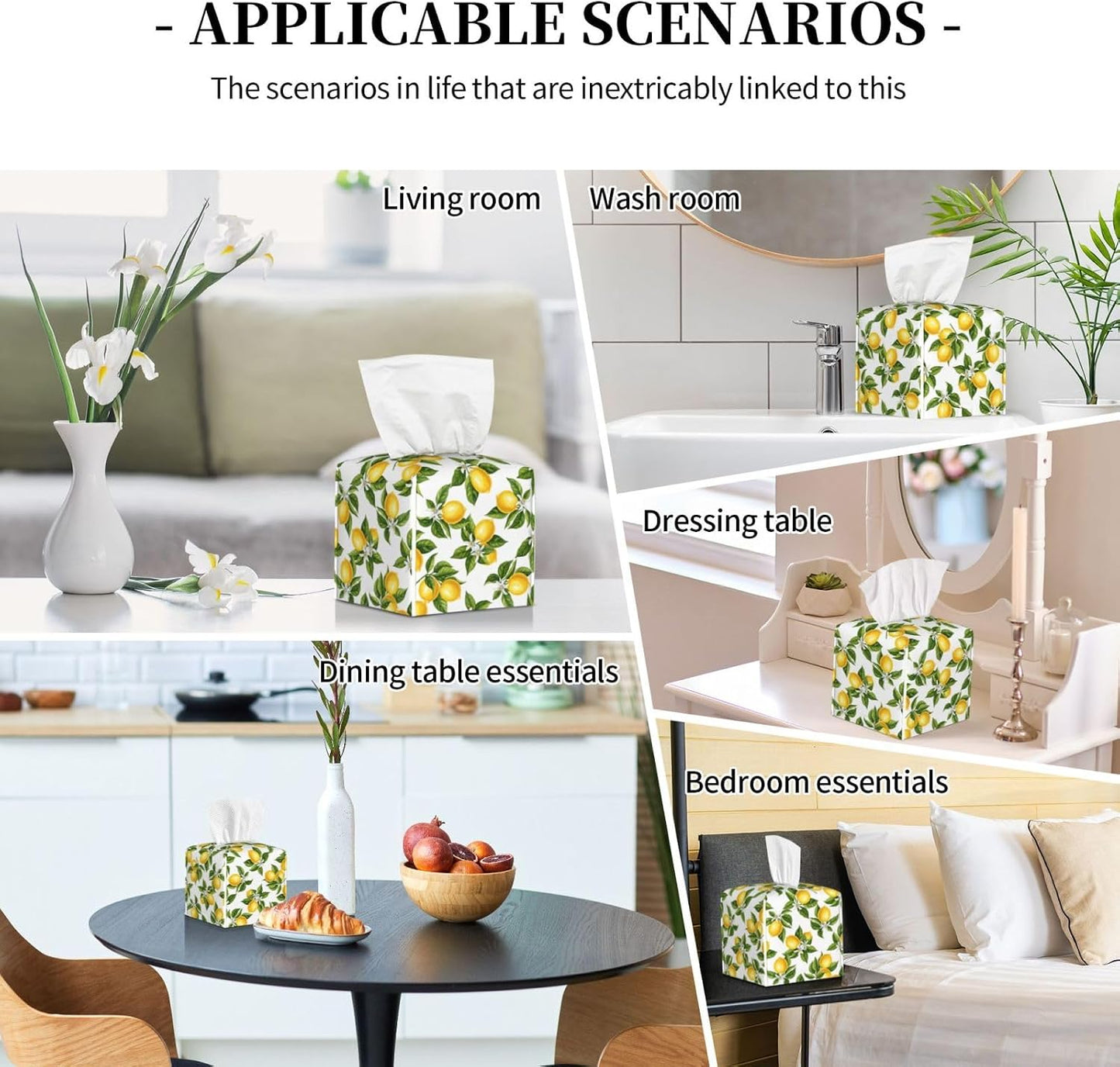 Lemon Tissue Box Cover Green Leaf 5.2" Square Leather Tissue Box Graphic Facial Paper Holder for Car Livingroom Office Decor