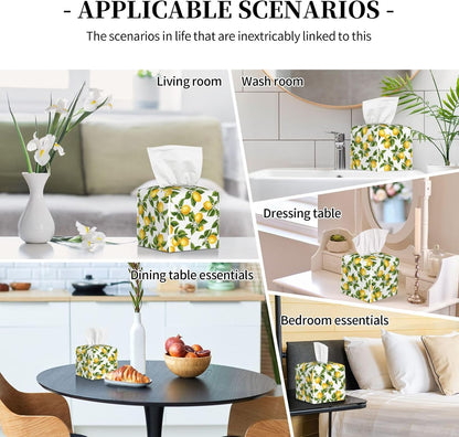 Lemon Tissue Box Cover Green Leaf 5.2" Square Leather Tissue Box Graphic Facial Paper Holder for Car Livingroom Office Decor