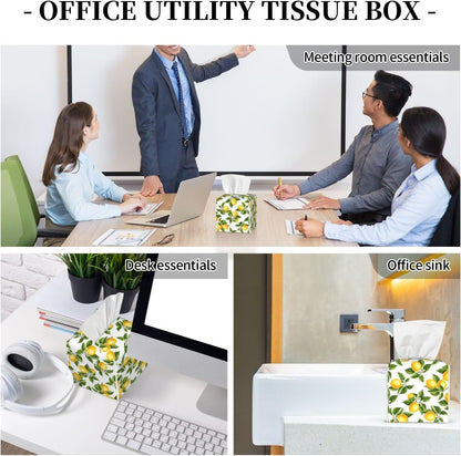 Lemon Tissue Box Cover Green Leaf 5.2" Square Leather Tissue Box Graphic Facial Paper Holder for Car Livingroom Office Decor