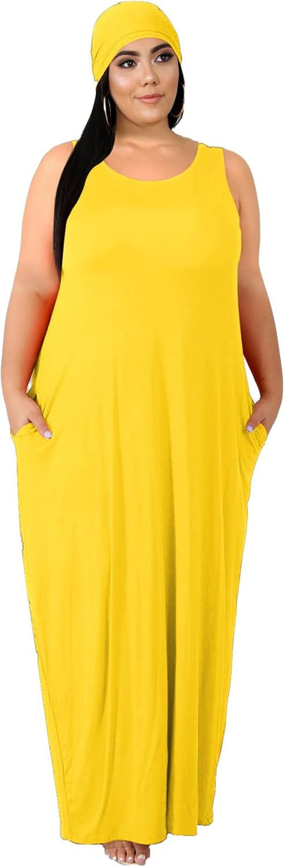 Women's Plus Size Casual Maxi Dress Summer Sleeveless Loose Beach Dress Sundress with Pockets