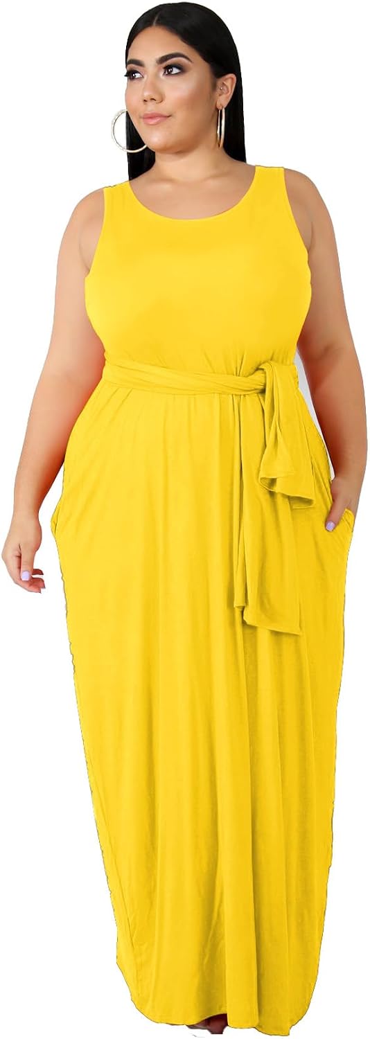 Women's Plus Size Casual Maxi Dress Summer Sleeveless Loose Beach Dress Sundress with Pockets