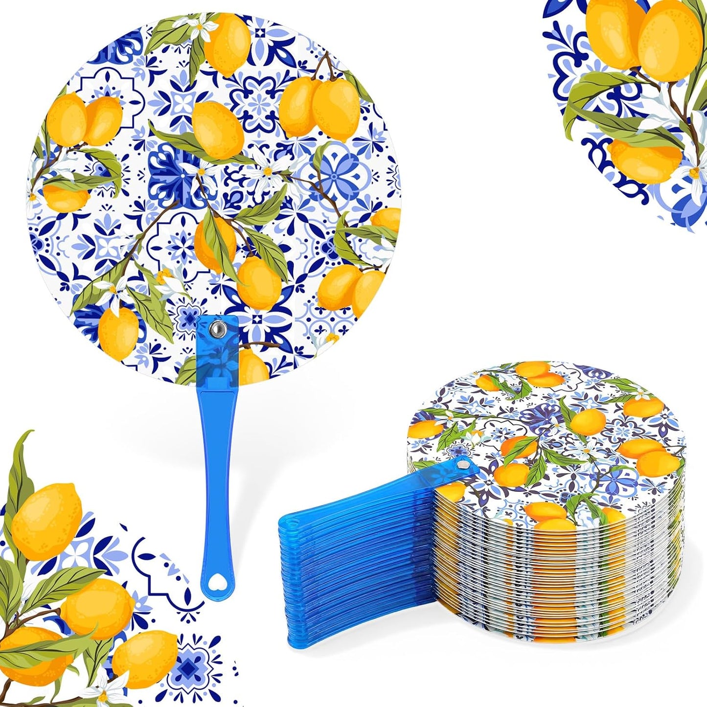 20 Sets Floral Round Wedding Hand Plastic Fans Bulk Handheld Wedding Favors Hand Fans with Plastic Handles
