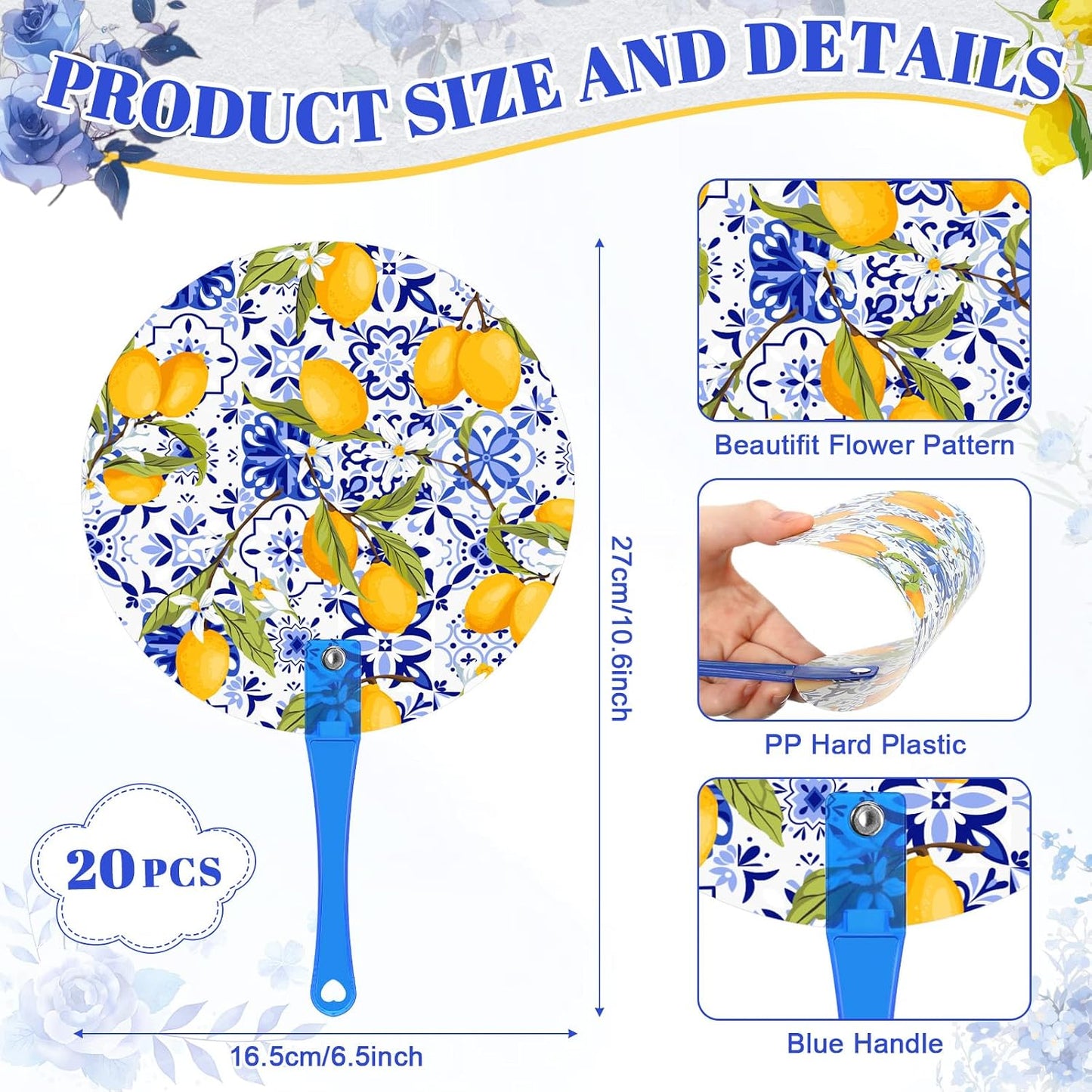 20 Sets Floral Round Wedding Hand Plastic Fans Bulk Handheld Wedding Favors Hand Fans with Plastic Handles