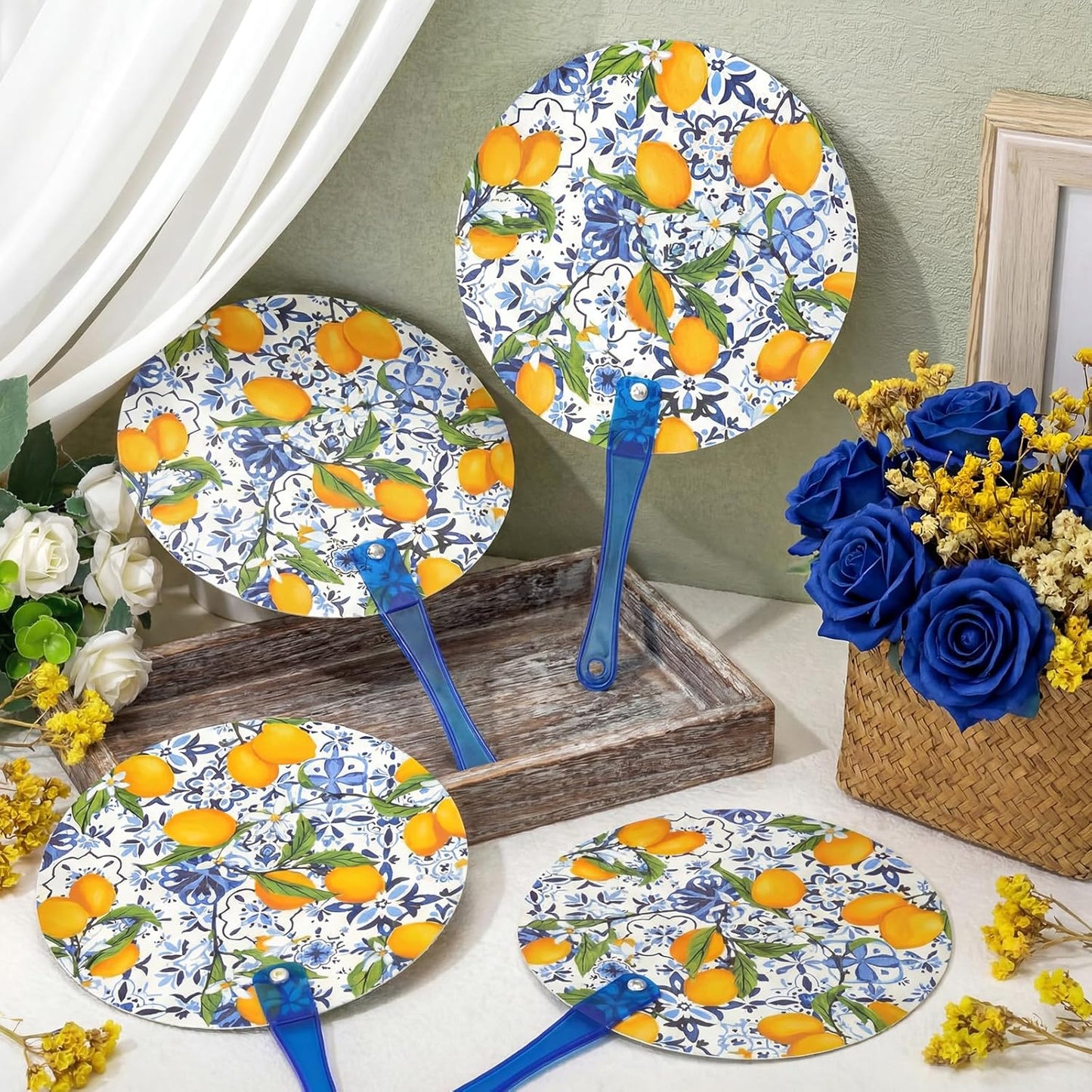 20 Sets Floral Round Wedding Hand Plastic Fans Bulk Handheld Wedding Favors Hand Fans with Plastic Handles