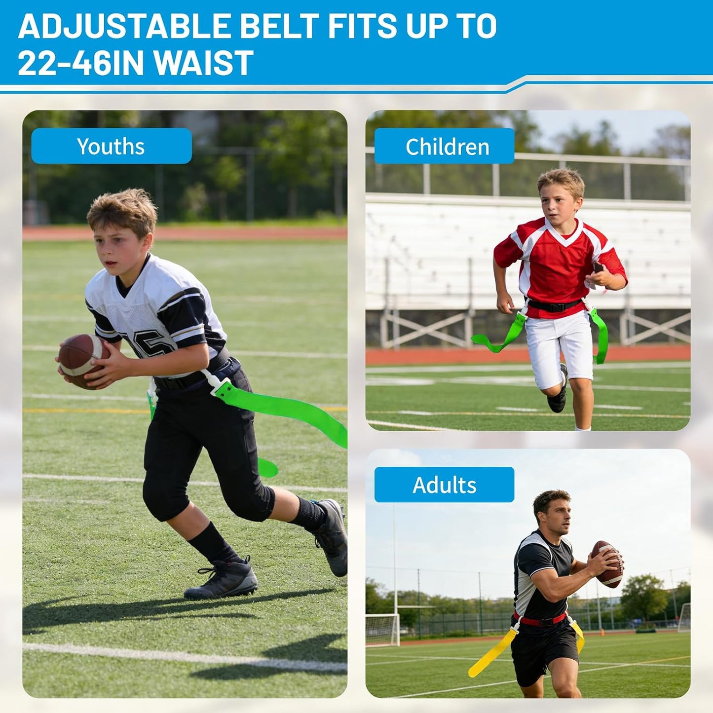 Flag Football Belts, 14 Player Adjustable Flag Football Set with 28 Flags for Youths Adults - Fits Up to 22-46" Waist