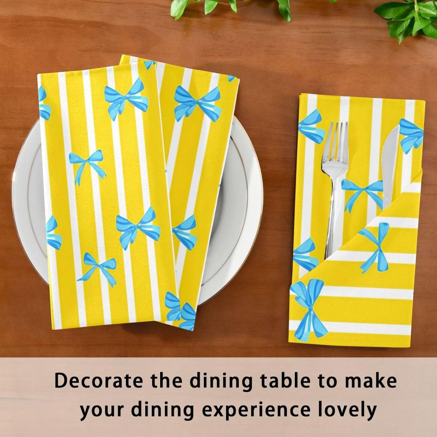 Yellow White Bows Cloth Napkins 20x20 Inch, 6 Pack Washable Dinner Napkins Reusable Napkins for Banquets, Weddings, Holiday, Party and Daily Use