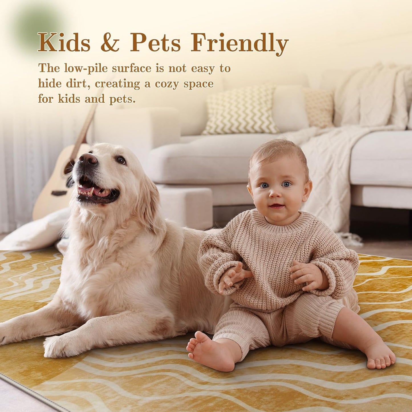 Sun 5x7 Area Rug, Boho Ombre Yellow Bedroom Rug Machine Washable Carpet, Ultra Thin Soft Non Slip Mid Century Nursery Carpet for Kids Room Living Room Playroom Classroom Decor