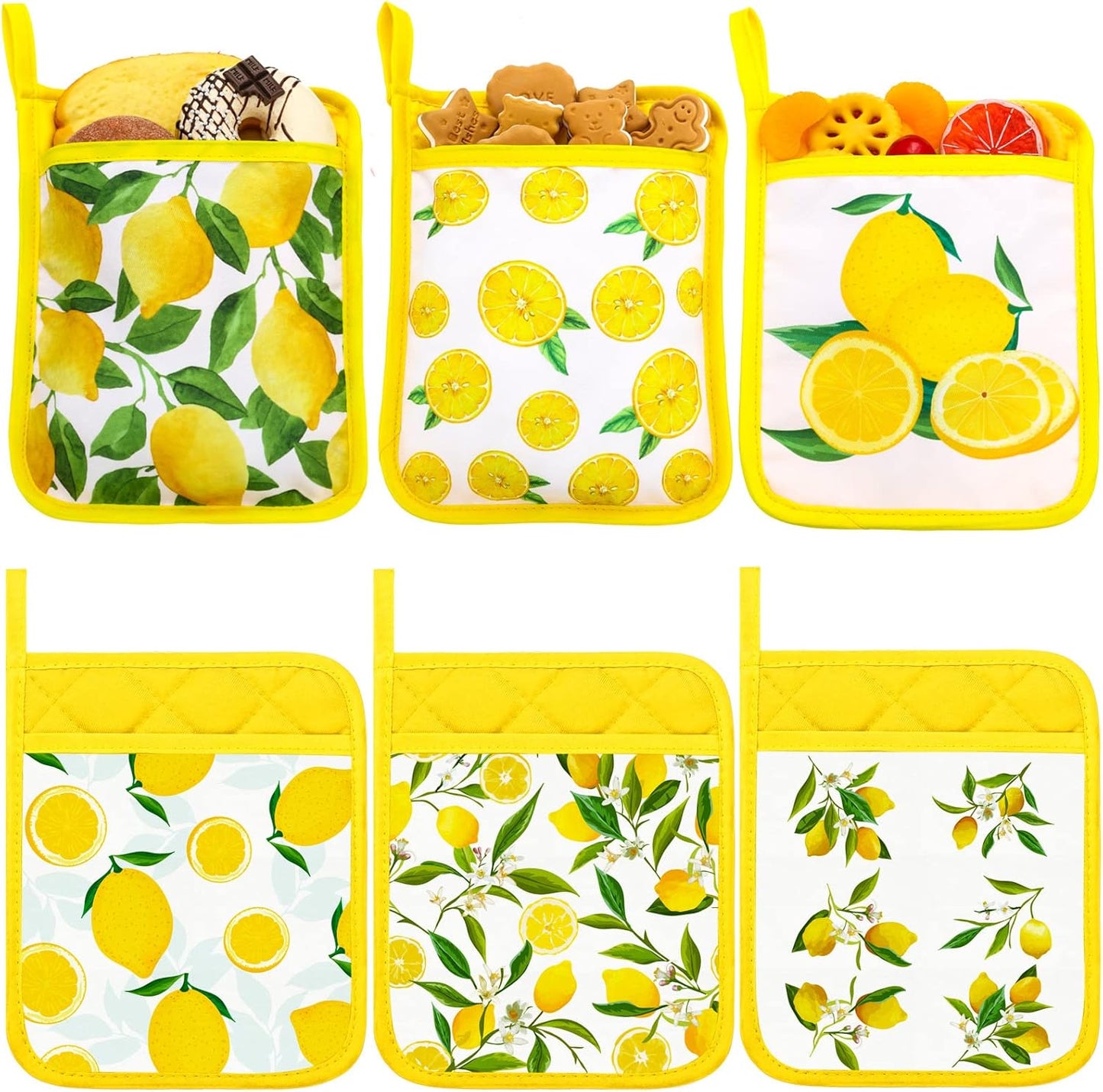 6 Pcs Pot Holders for Kitchen Heat Resistant Yellow Lemon Design Pot Holders with Hand Pockets and Hanging Loops Cotton Hot Pads Dual Function for Kitchen, Cooking, Baking, Grilling, Gifting