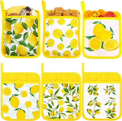6 Pcs Pot Holders for Kitchen Heat Resistant Yellow Lemon Design Pot Holders with Hand Pockets and Hanging Loops Cotton Hot Pads Dual Function for Kitchen, Cooking, Baking, Grilling, Gifting