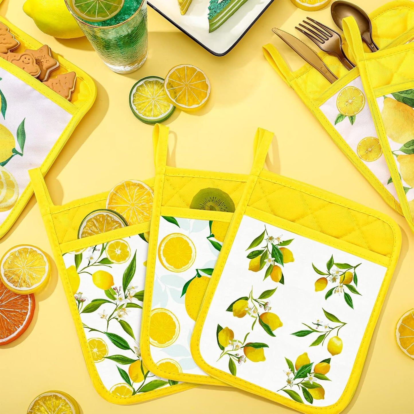 6 Pcs Pot Holders for Kitchen Heat Resistant Yellow Lemon Design Pot Holders with Hand Pockets and Hanging Loops Cotton Hot Pads Dual Function for Kitchen, Cooking, Baking, Grilling, Gifting