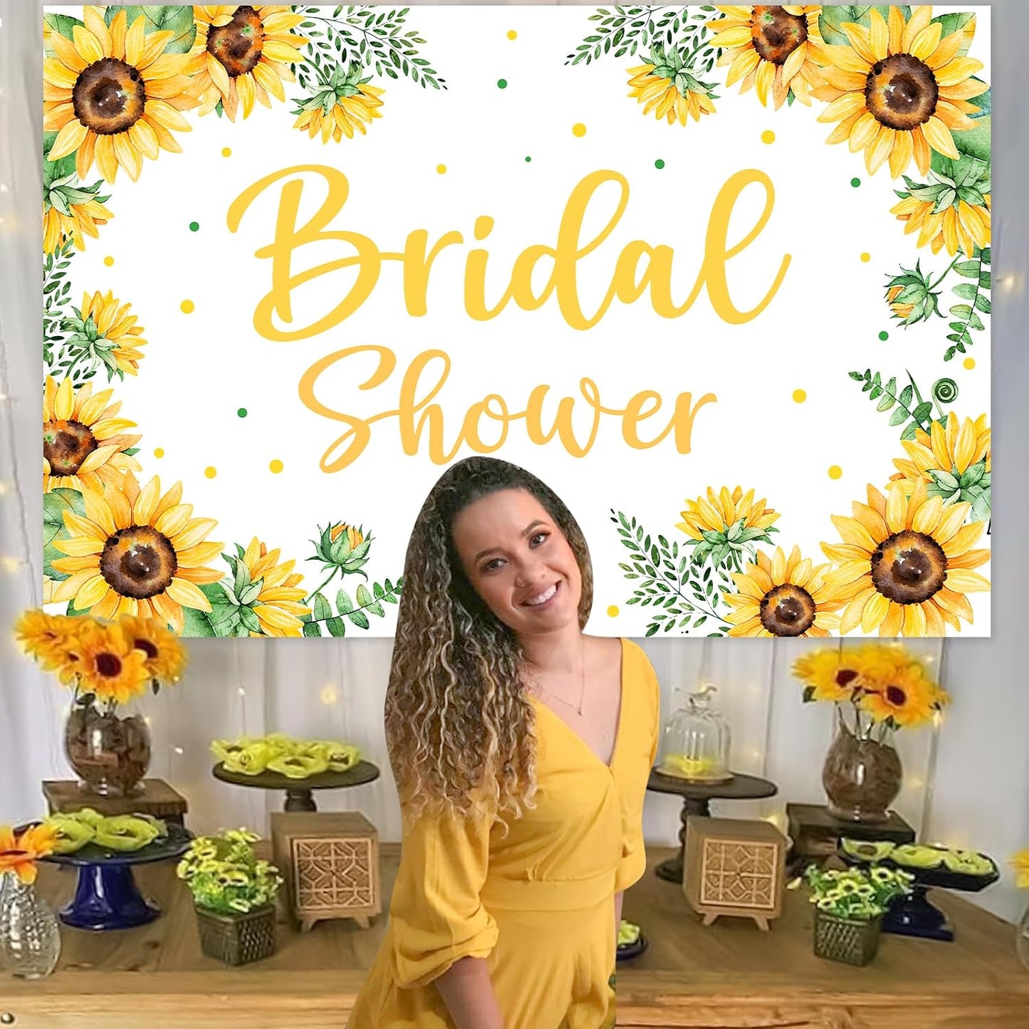Sunflower Bridal Shower Backdrop 3 * 5ft Yellow with Green Leaves Fabric for Birthday Party Wedding Engagement Photography Background