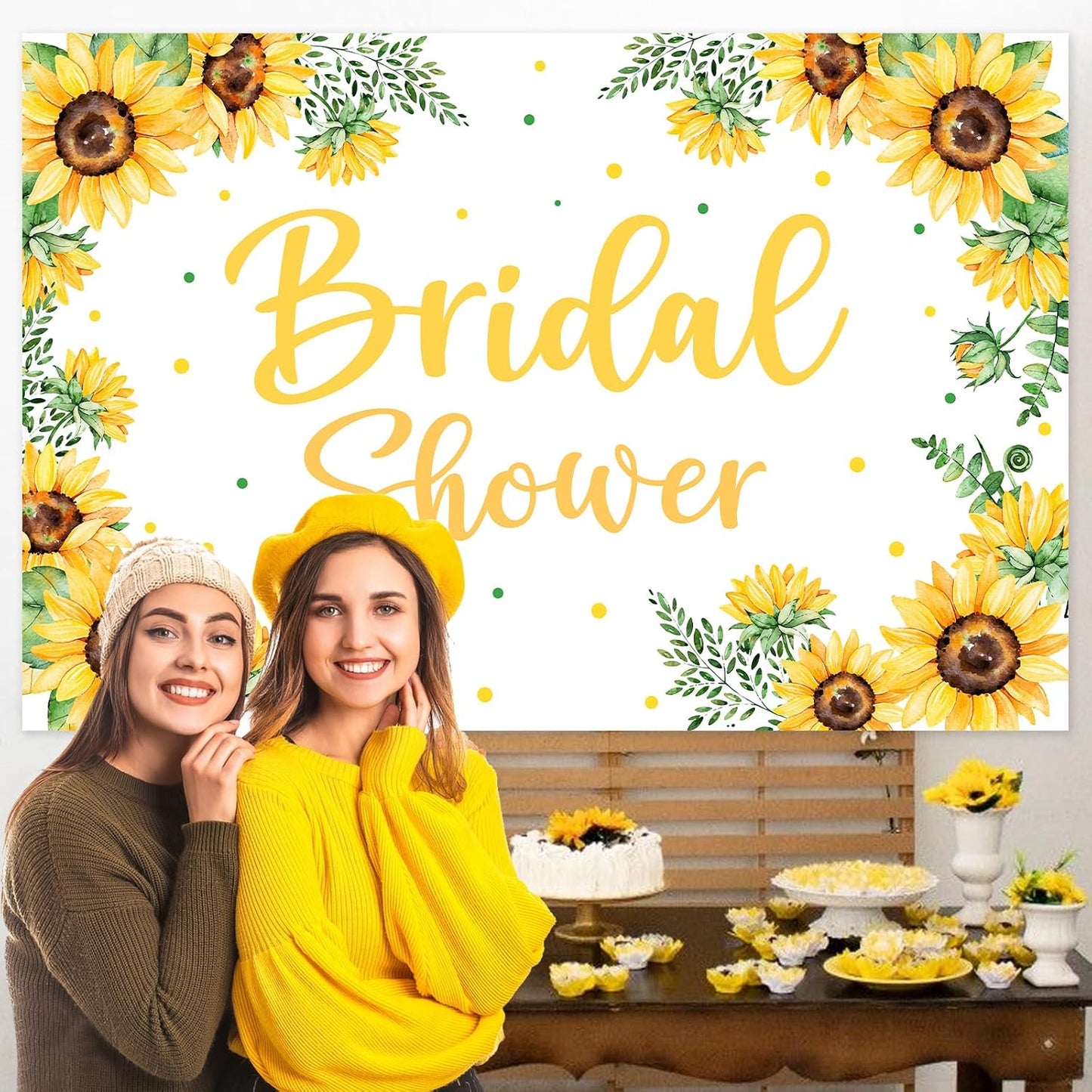 Sunflower Bridal Shower Backdrop 3 * 5ft Yellow with Green Leaves Fabric for Birthday Party Wedding Engagement Photography Background