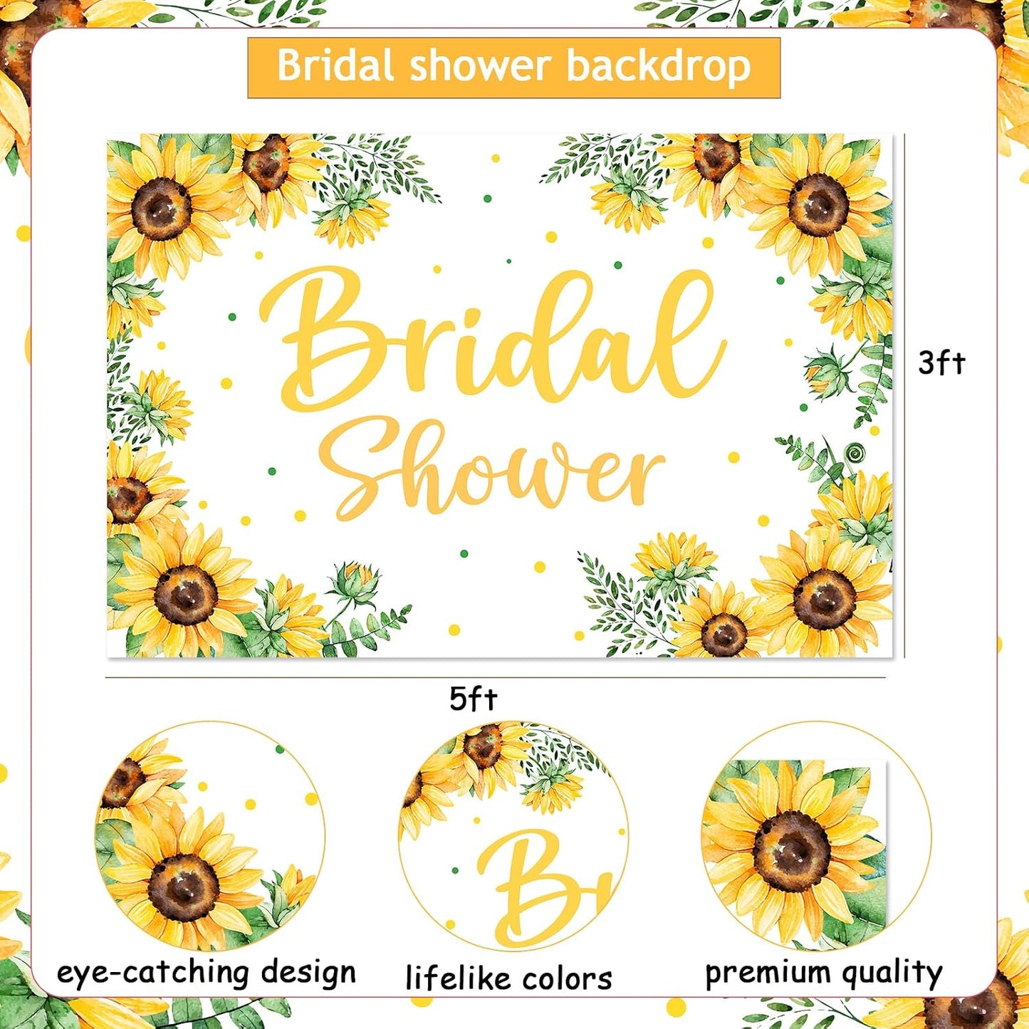 Sunflower Bridal Shower Backdrop 3 * 5ft Yellow with Green Leaves Fabric for Birthday Party Wedding Engagement Photography Background