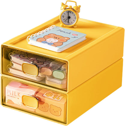 2PACK Stackable Desktop Organizer with Drawer 6.5"x9"x3" Desk Storage Drawer Office Plastic Organizer Clear Small Drawer for Pens, Stationery, Accessories, Make Up (Yellow, M - 1 Drawer)