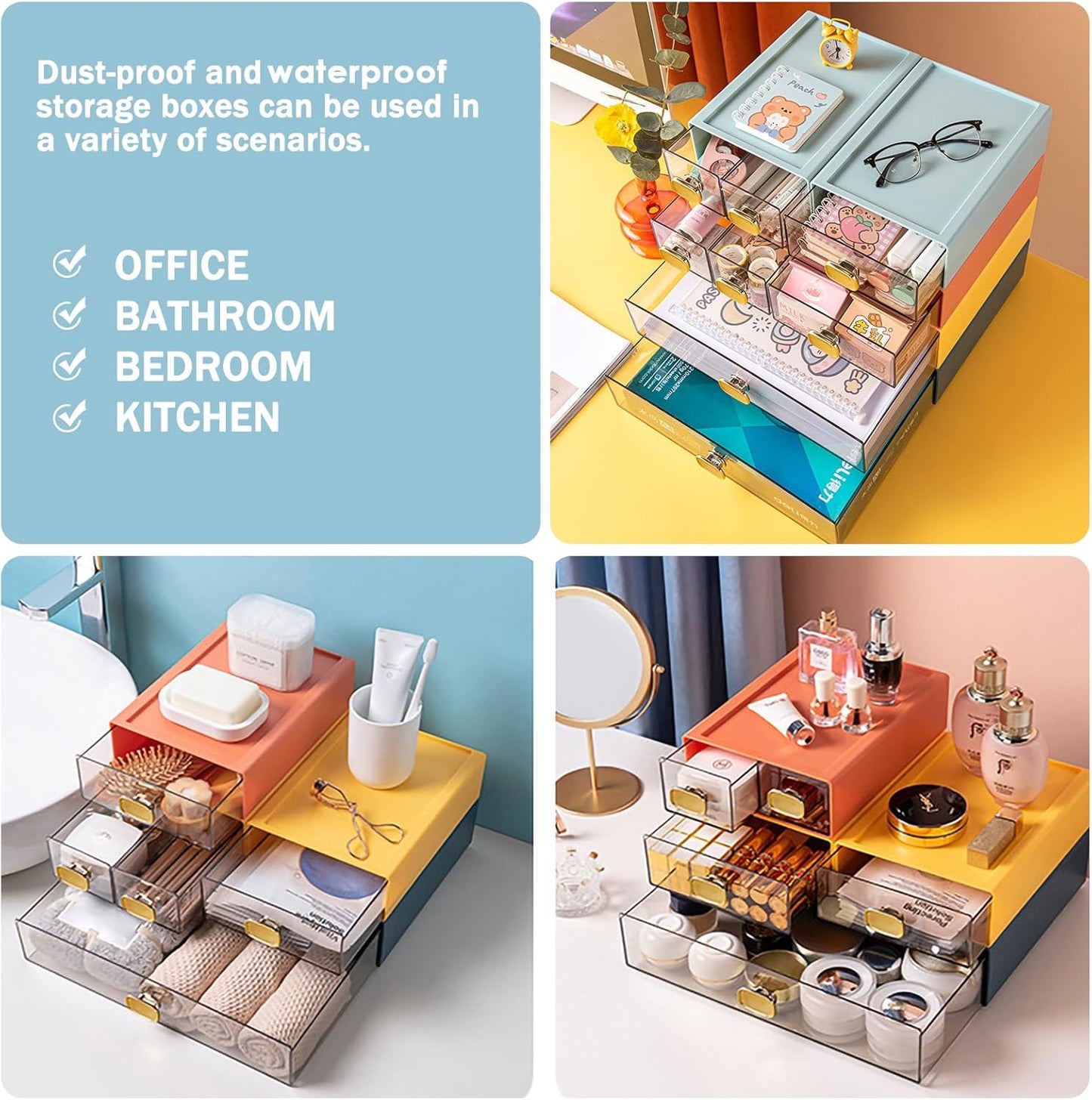 2PACK Stackable Desktop Organizer with Drawer 6.5"x9"x3" Desk Storage Drawer Office Plastic Organizer Clear Small Drawer for Pens, Stationery, Accessories, Make Up (Yellow, M - 1 Drawer)