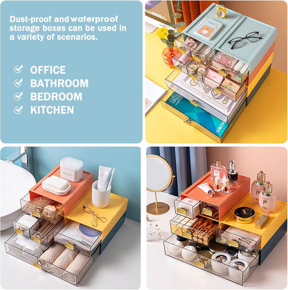 2PACK Stackable Desktop Organizer with Drawer 6.5"x9"x3" Desk Storage Drawer Office Plastic Organizer Clear Small Drawer for Pens, Stationery, Accessories, Make Up (Yellow, M - 1 Drawer)