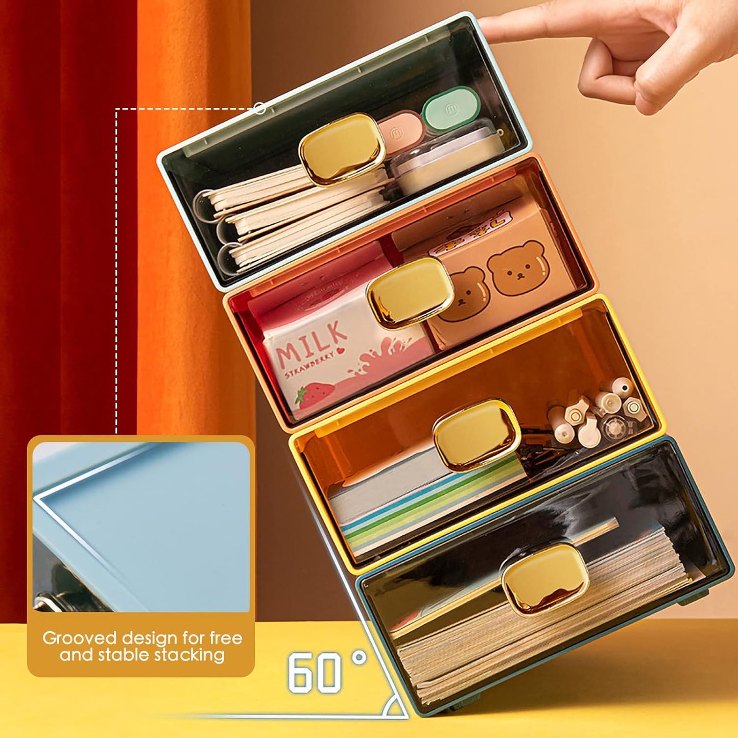 2PACK Stackable Desktop Organizer with Drawer 6.5"x9"x3" Desk Storage Drawer Office Plastic Organizer Clear Small Drawer for Pens, Stationery, Accessories, Make Up (Yellow, M - 1 Drawer)