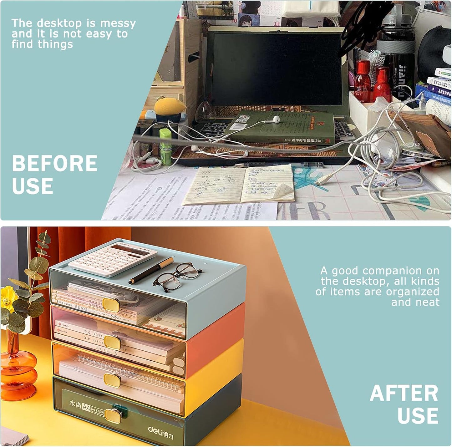 2PACK Stackable Desktop Organizer with Drawer 6.5"x9"x3" Desk Storage Drawer Office Plastic Organizer Clear Small Drawer for Pens, Stationery, Accessories, Make Up (Yellow, M - 1 Drawer)