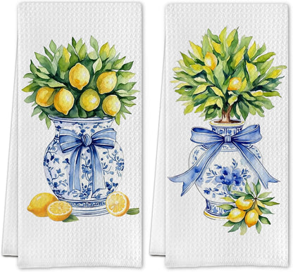 Chinoiserie Lemon Tree Blue Bow Kitchen Towels, Grandmillennial Lemon Dish Tea Towels, Blue and White Porcelain Lemons Decorative Hand Towel for Kitchen Bathroom, 16x24 Inch Set of 2