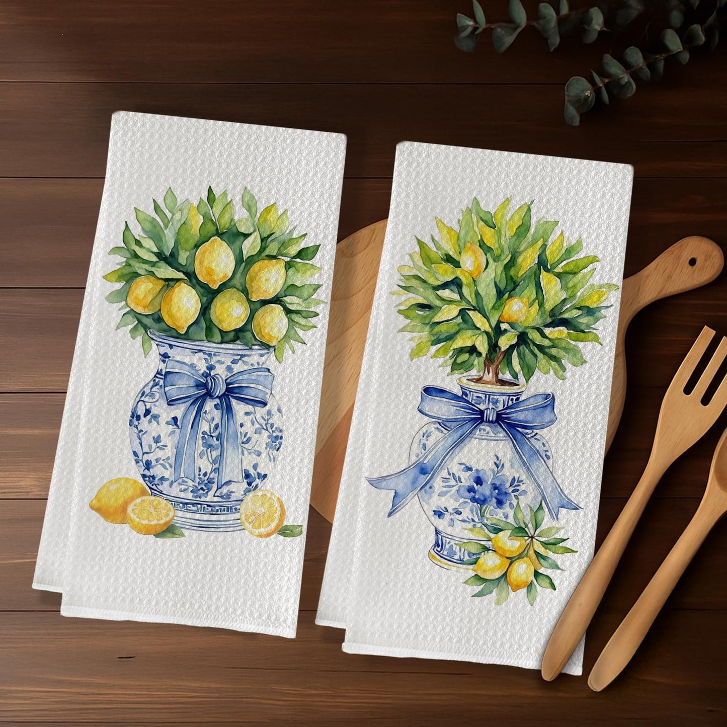Chinoiserie Lemon Tree Blue Bow Kitchen Towels, Grandmillennial Lemon Dish Tea Towels, Blue and White Porcelain Lemons Decorative Hand Towel for Kitchen Bathroom, 16x24 Inch Set of 2