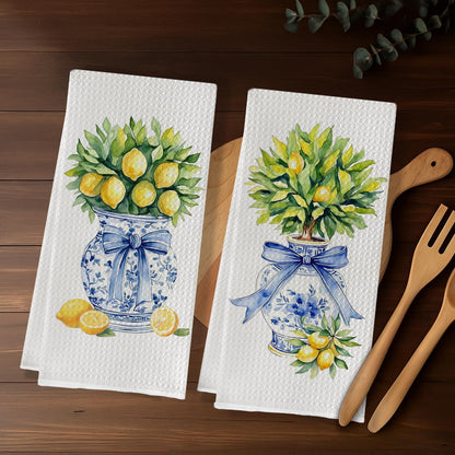 Chinoiserie Lemon Tree Blue Bow Kitchen Towels, Grandmillennial Lemon Dish Tea Towels, Blue and White Porcelain Lemons Decorative Hand Towel for Kitchen Bathroom, 16x24 Inch Set of 2
