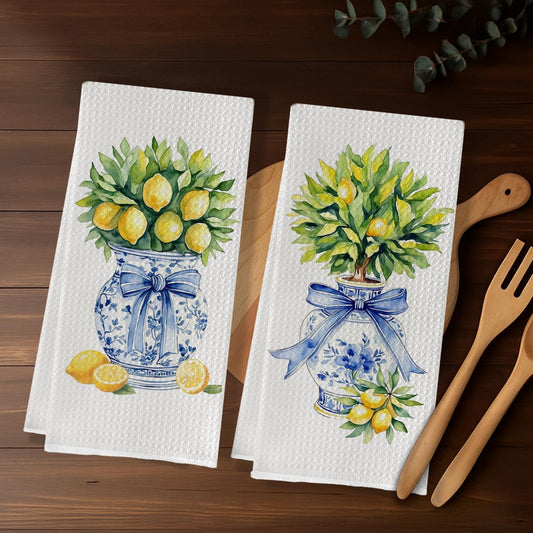 Chinoiserie Lemon Tree Blue Bow Kitchen Towels, Grandmillennial Lemon Dish Tea Towels, Blue and White Porcelain Lemons Decorative Hand Towel for Kitchen Bathroom, 16x24 Inch Set of 2