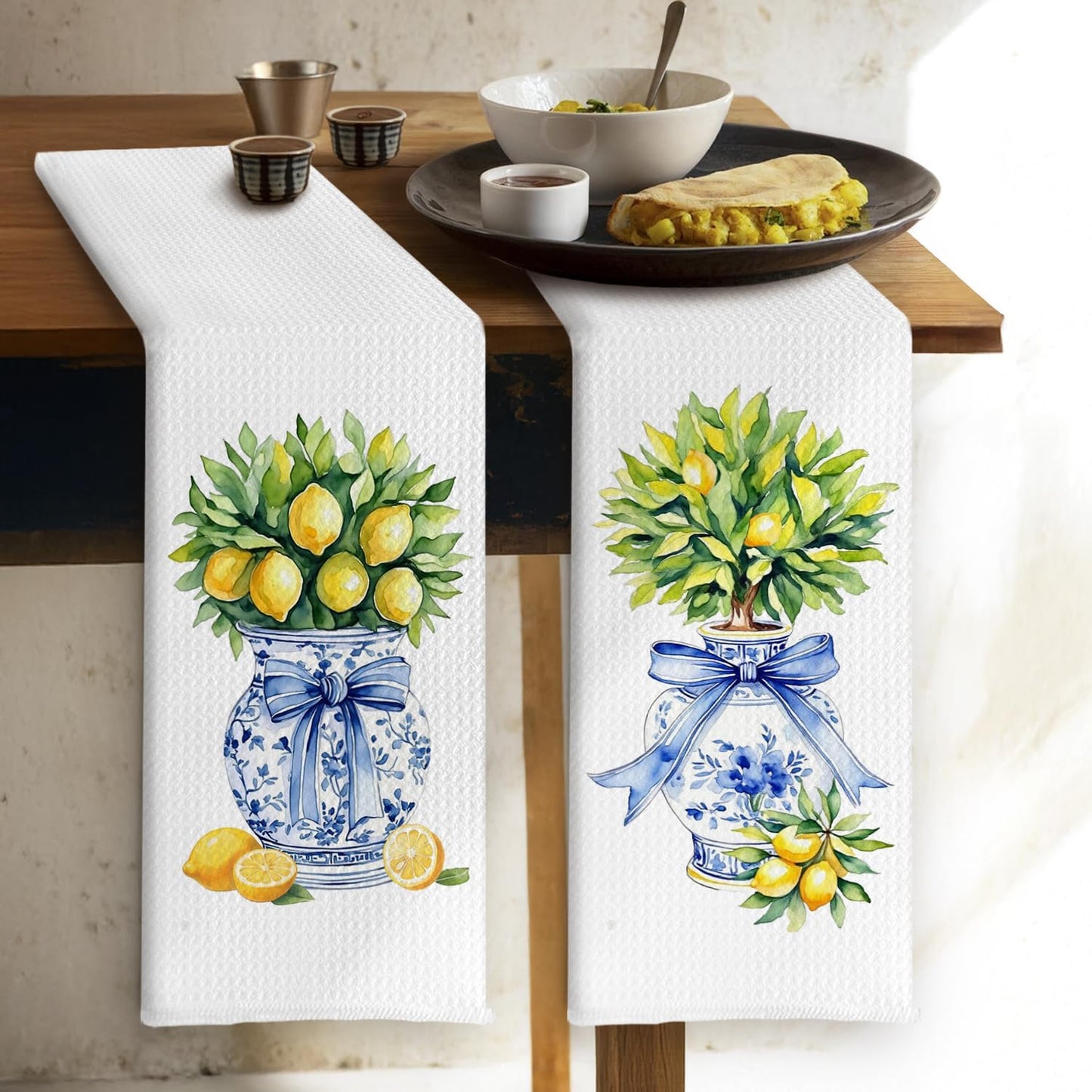 Chinoiserie Lemon Tree Blue Bow Kitchen Towels, Grandmillennial Lemon Dish Tea Towels, Blue and White Porcelain Lemons Decorative Hand Towel for Kitchen Bathroom, 16x24 Inch Set of 2