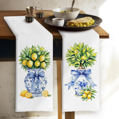 Chinoiserie Lemon Tree Blue Bow Kitchen Towels, Grandmillennial Lemon Dish Tea Towels, Blue and White Porcelain Lemons Decorative Hand Towel for Kitchen Bathroom, 16x24 Inch Set of 2