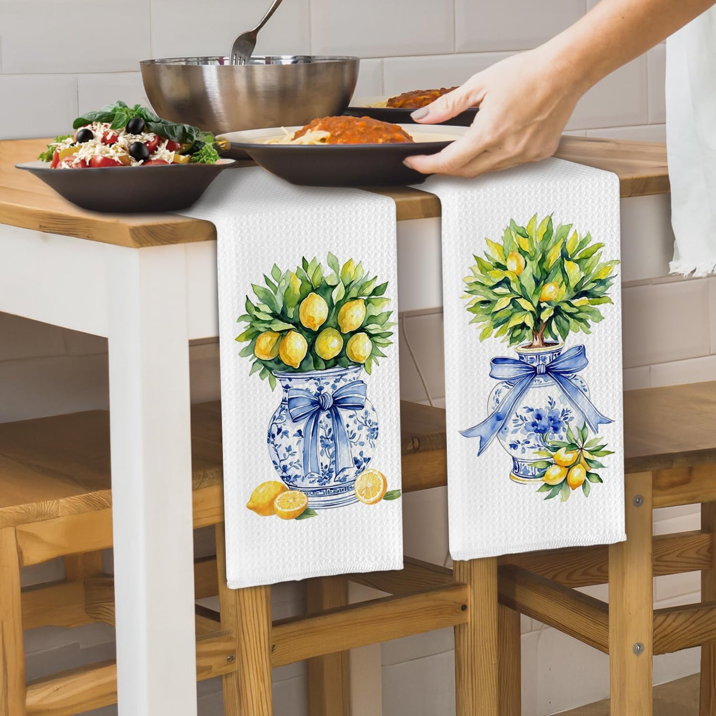 Chinoiserie Lemon Tree Blue Bow Kitchen Towels, Grandmillennial Lemon Dish Tea Towels, Blue and White Porcelain Lemons Decorative Hand Towel for Kitchen Bathroom, 16x24 Inch Set of 2